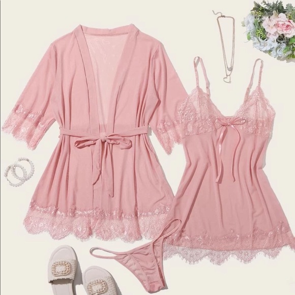 La SENZA Other - Brand new 3 pieces-belted robe & thong-Size S-pink